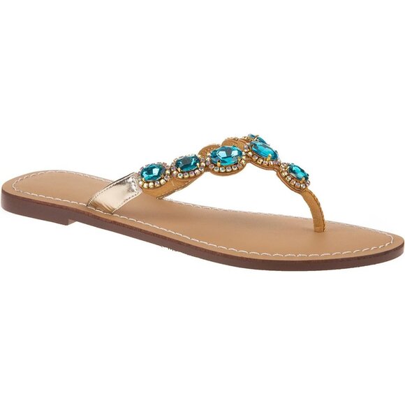 Women's Green Rhinestone Upper Flat T Strap Thong Flip Flop Sandals Shoes - Picture 3 of 5